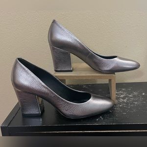 Metallic Pewter Block Heel Pumps - Women's Classic Dress Shoes